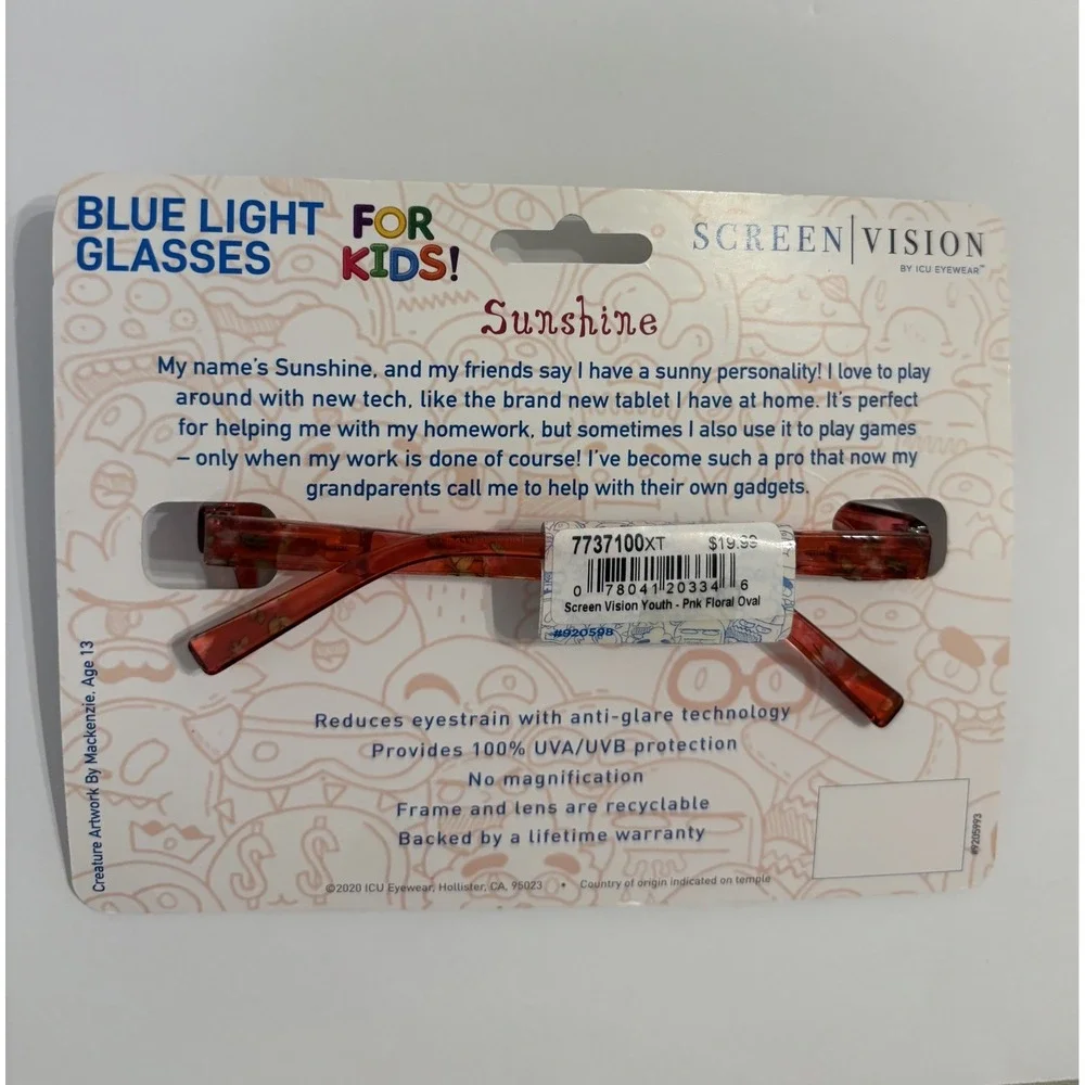 ICU Eyewear Screen Vision Blue Light Glasses For Kids ~ Pink Floral NEW